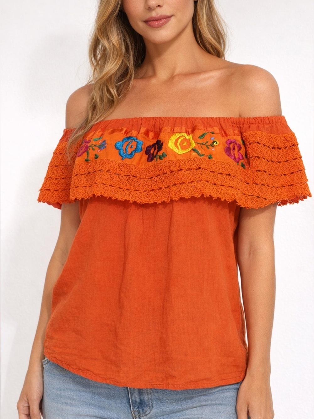 Boho Embroidered Off‑Shoulder romantic Top – Floral Festival Blouse Small